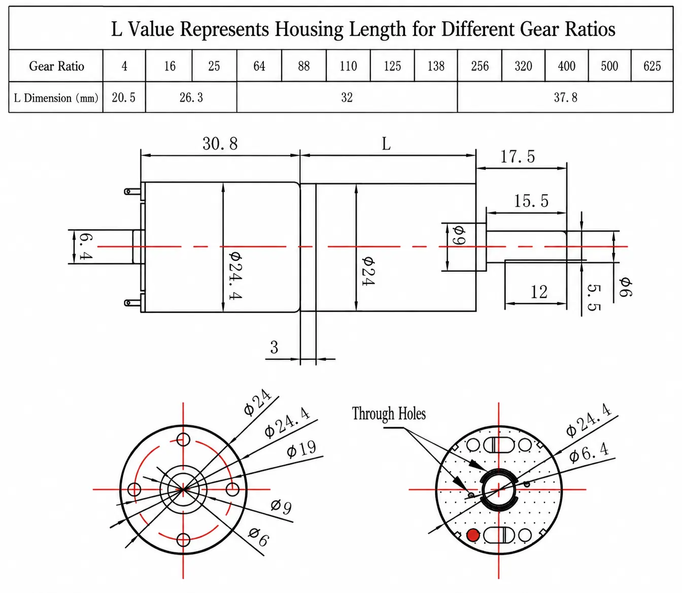 Dimension technical drawing and gear ratio length table for 24GAY-370 motor