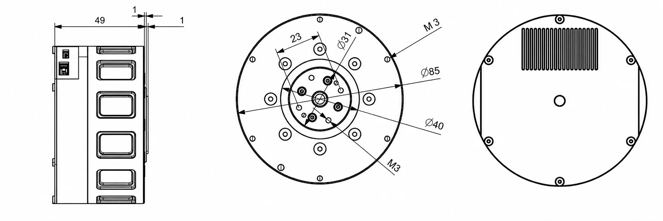 Technical dimension drawing of TSL-BX6215 cycloidal actuator with 85mm diameter and mounting specs