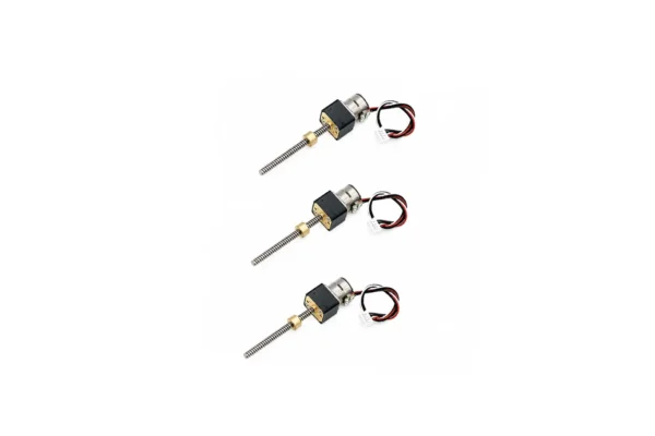Three TSL-GB50-SM10 gear reduction stepper motors with integrated lead screws and brass nuts arranged in a diagonal perspective view