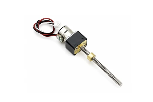Detailed close-up shot of a single TSL-GB50-SM10 micro gear reduction stepper motor with lead screw and 4-wire connector