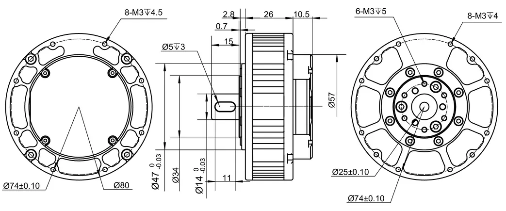 TSL-GIM6010-8 robot actuator motor drawing with custom output shaft design