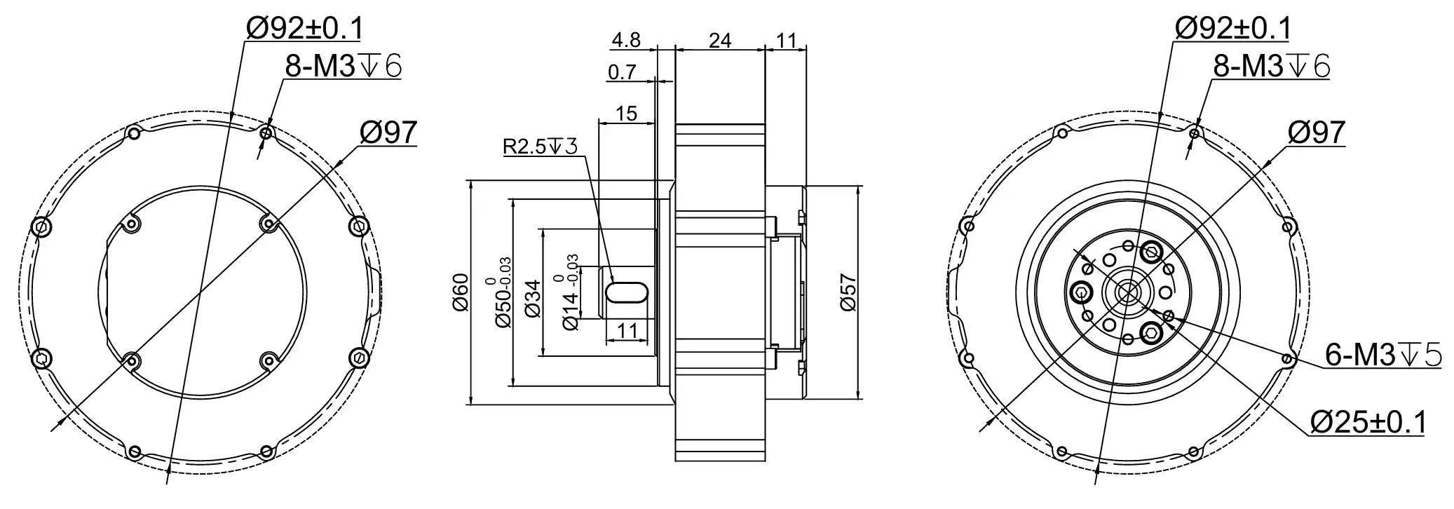 TSL-GIM8108-8 robot joint actuator dimensional drawing with output shaft