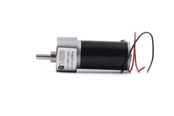 Side profile view of TSL-JGB37-31ZY 24V 420RPM DC spur gear motor with specification label