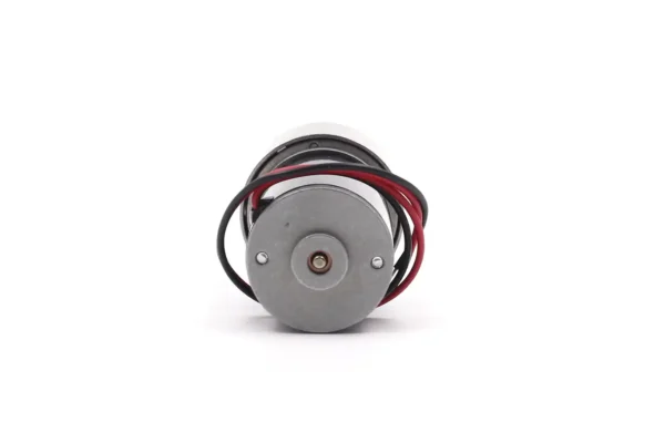 Rear end view of 24V DC spur gear motor with red and black electrical lead wires