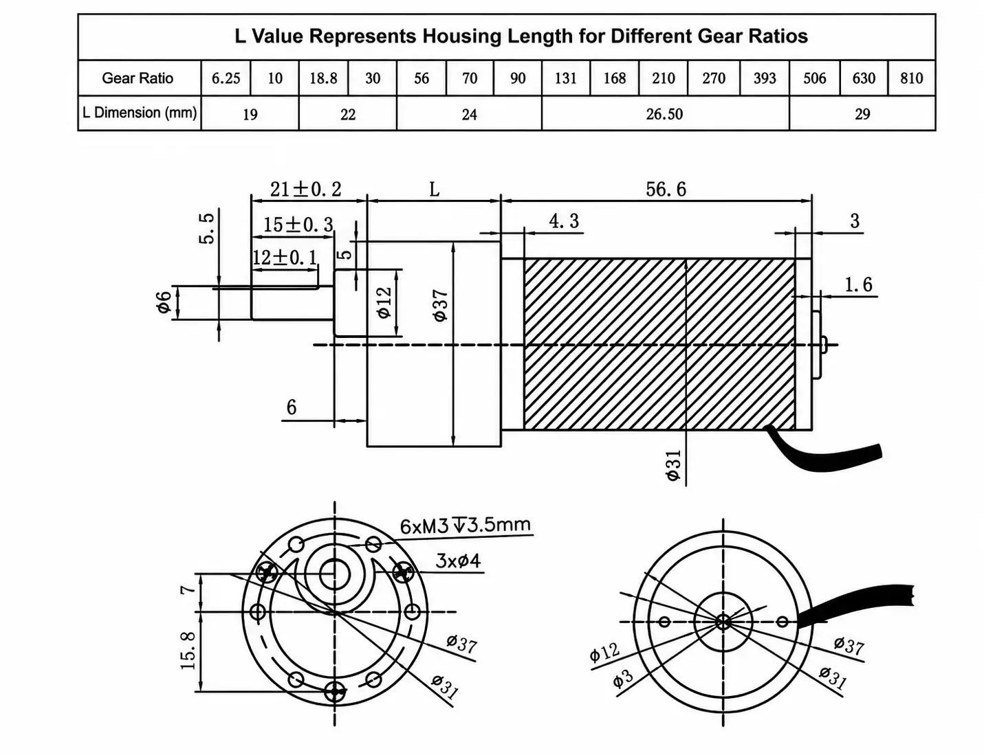 Technical dimension drawing and gear ratio chart for TSL-JGB37-31ZY DC spur gear motor