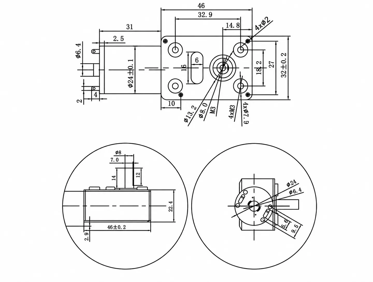 Technical dimensional drawing of 4632-370 right angle DC gear motor with worm gearbox measurements