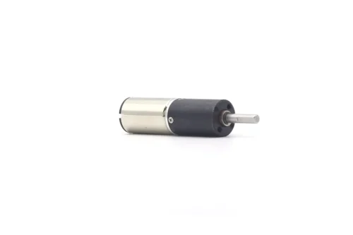 Isometric view of a 12mm DC gear motor with brushed coreless motor and powder metallurgy gearbox on a white background