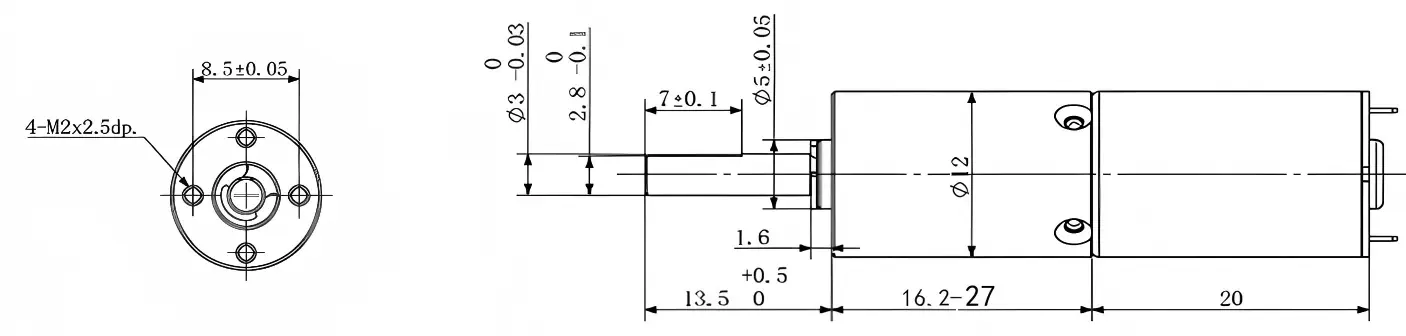 Technical drawing of a 12mm DC gear motor utilizing a brushed coreless motor and powder metallurgy planetary gearbox, showing 4-M2 mounting holes