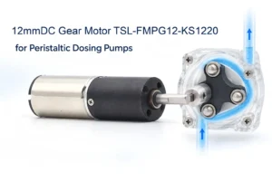 TSL-FMPG12-KS1220 12mm DC gear motor driving a three-roller peristaltic dosing pump