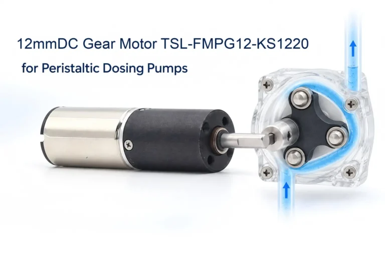 TSL-FMPG12-KS1220 12mm DC gear motor driving a three-roller peristaltic dosing pump