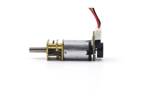 Side view of 12mm N20 micro DC gear motor showing brass spur gear train and magnetic encoder assembly