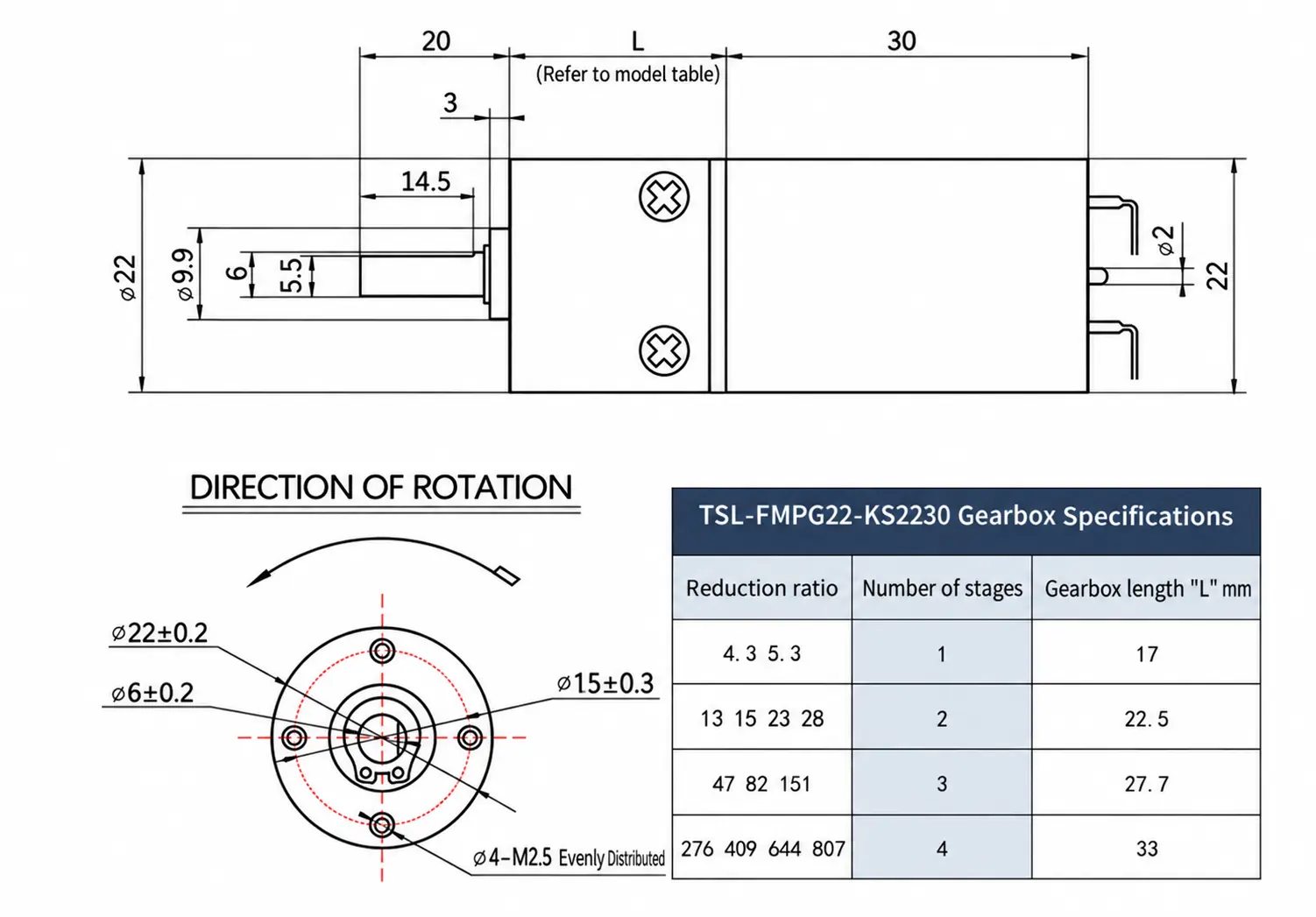 Technical dimension drawing and gearbox specifications table for 22mm DC planetary gear motor