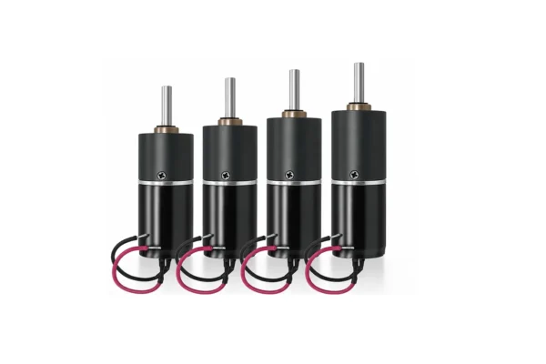 Four variations of 22mm DC planetary gear motors showing 1-stage to 4-stage gearbox lengths
