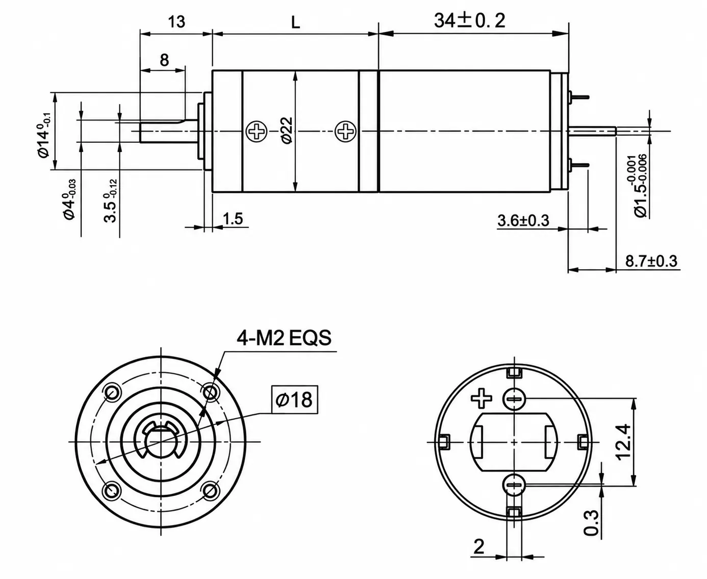 Dimensional technical drawing of 22mm planetary gear motor TSL-PG22-KS2234 showing shaft dimensions and mounting holes