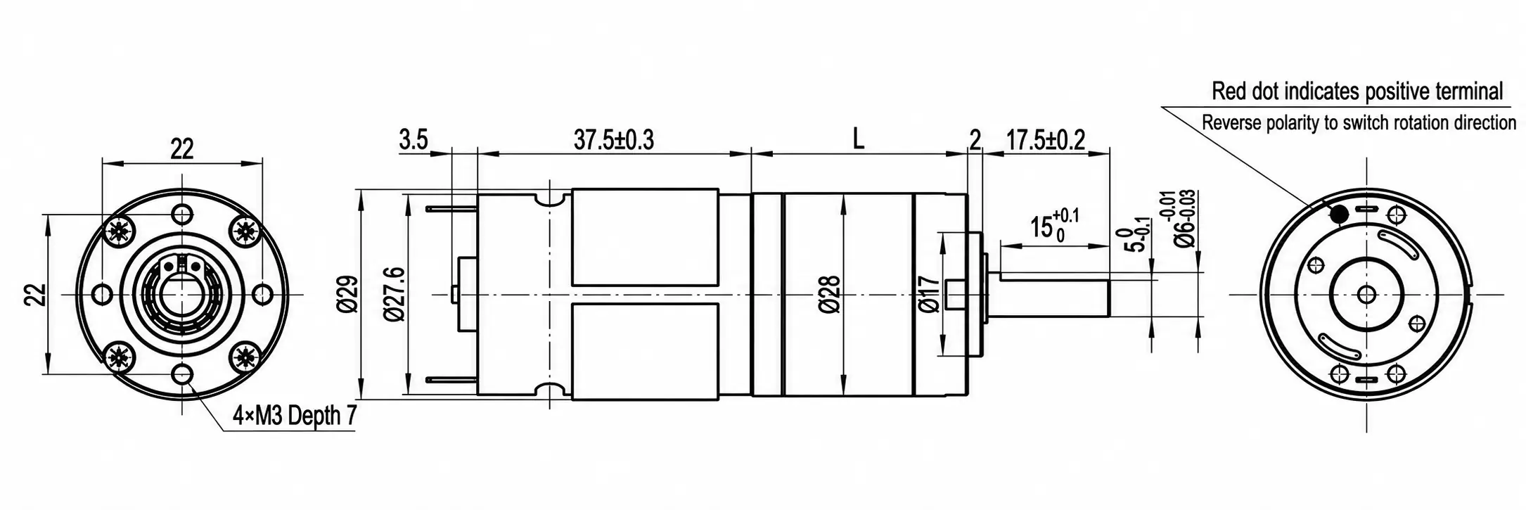Engineering 2D dimension drawing for TSL-28GAY-385 24V DC planetary gear motor