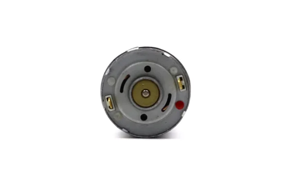 Rear view of TSL-28GAY-385 24V DC motor showing solder terminals and polarity red dot