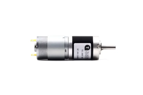 Side profile of TSL-28GAY-385 24V DC planetary gearbox motor showing total body length