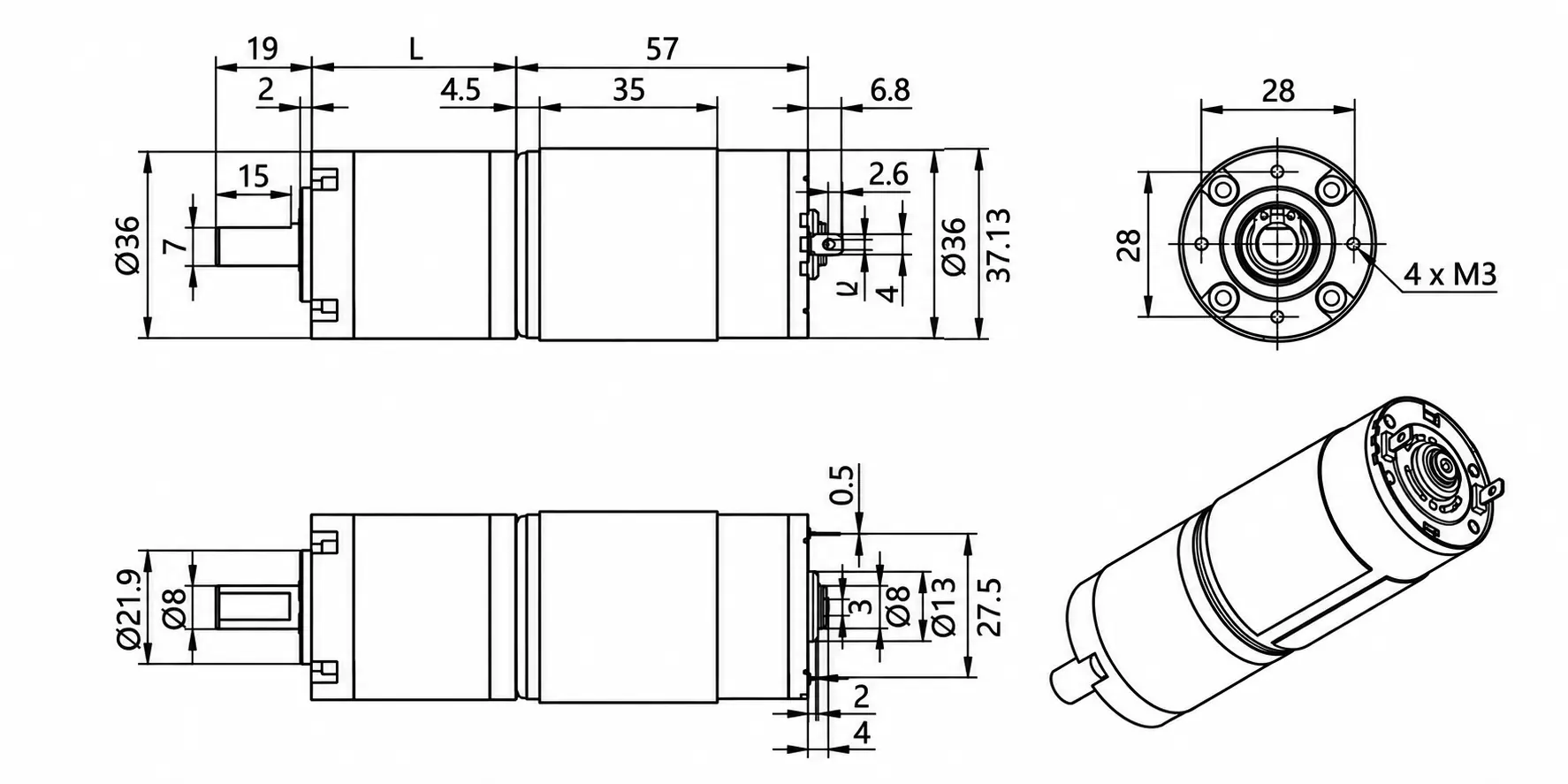 Technical engineering dimensional drawing of TSL-36GP-555 36mm planetary gear motor