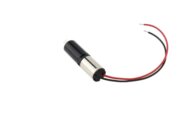 Rear view of 6mm planetary gear motor showing soldered terminal lead wires