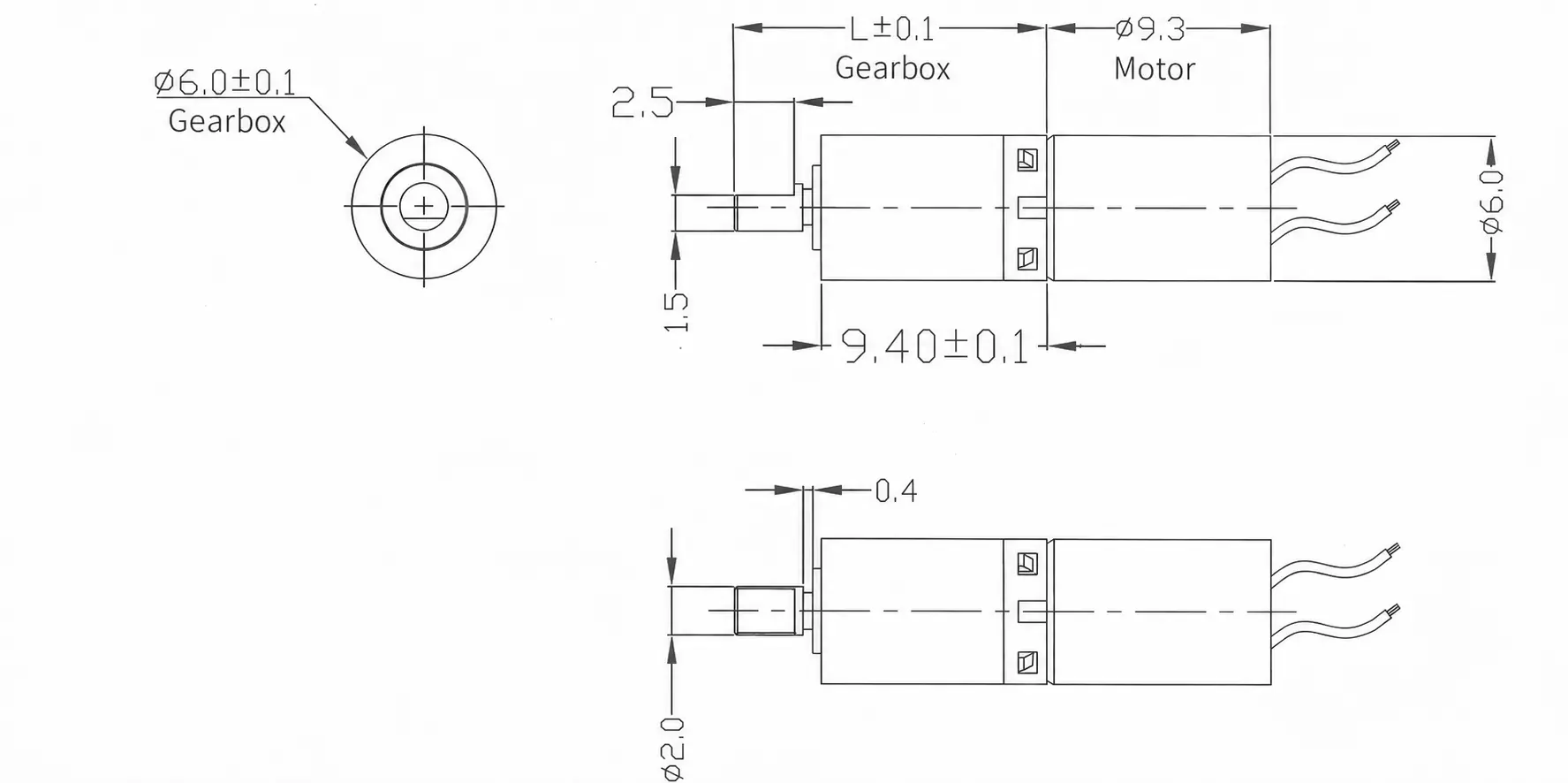 2D technical CAD drawing and dimensional specifications for 6mm planetary gear motor