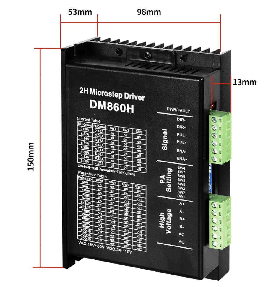 Dimensional diagram of DM860H 3D printer stepper motor driver measuring 150mm by 98mm by 53mm