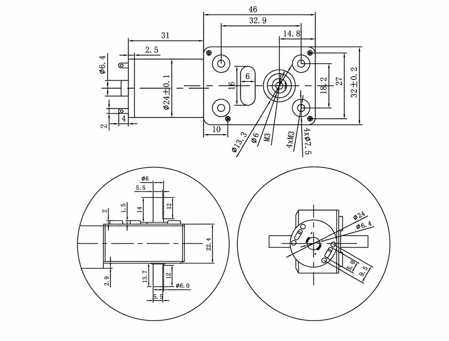 Technical CAD dimension drawing for Double Shaft Worm Gear Motor TSL-JGY4632-370-D