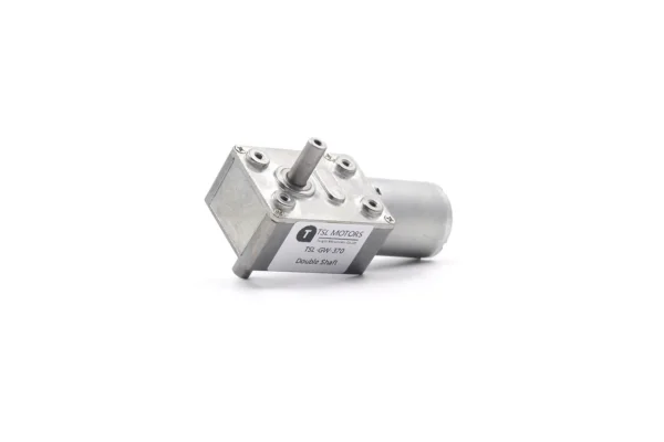 Top view of Double Shaft Worm Gear Motor TSL-JGY4632-370-D showing product label and mounting points.