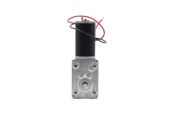 Top view of high torque worm gear motor gearbox casing with mounting holes and D-shaped output shaft