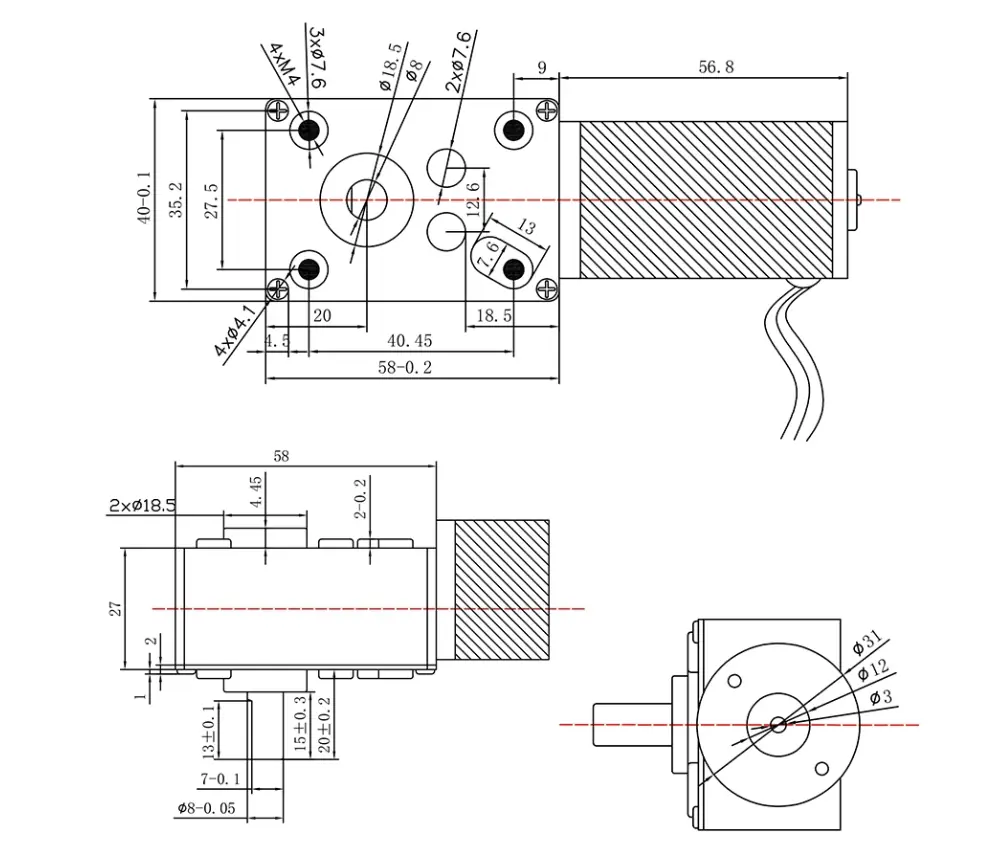 Technical dimension drawing of TSL-5840GW-31ZY high torque worm gear motor showing gearbox size 58x40mm and shaft details