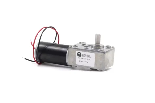 TSL-5840GW-31ZY Worm Gear Motor TSL-5840GW-31ZY high torque worm gear motor 24V 16RPM side perspective view with output shaft and lead wires