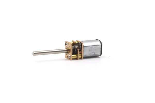 Front angle view of TSL-GM12-N20VA-26D N20 micro gear motor with long output shaft and brass gearbox plate.