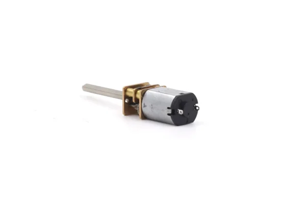Back perspective view of long shaft N20 gear motor TSL-GM12-N20VA-26D focusing on rear solder pin connections