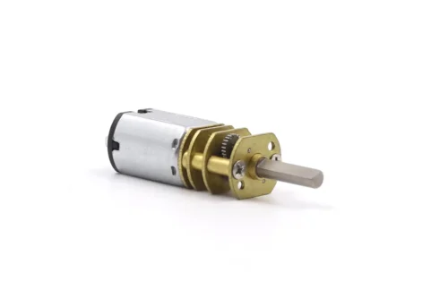 Isometric view of Ø10mm brushed DC M20 gear motor with precision brass spur gearbox and D-shape output shaft