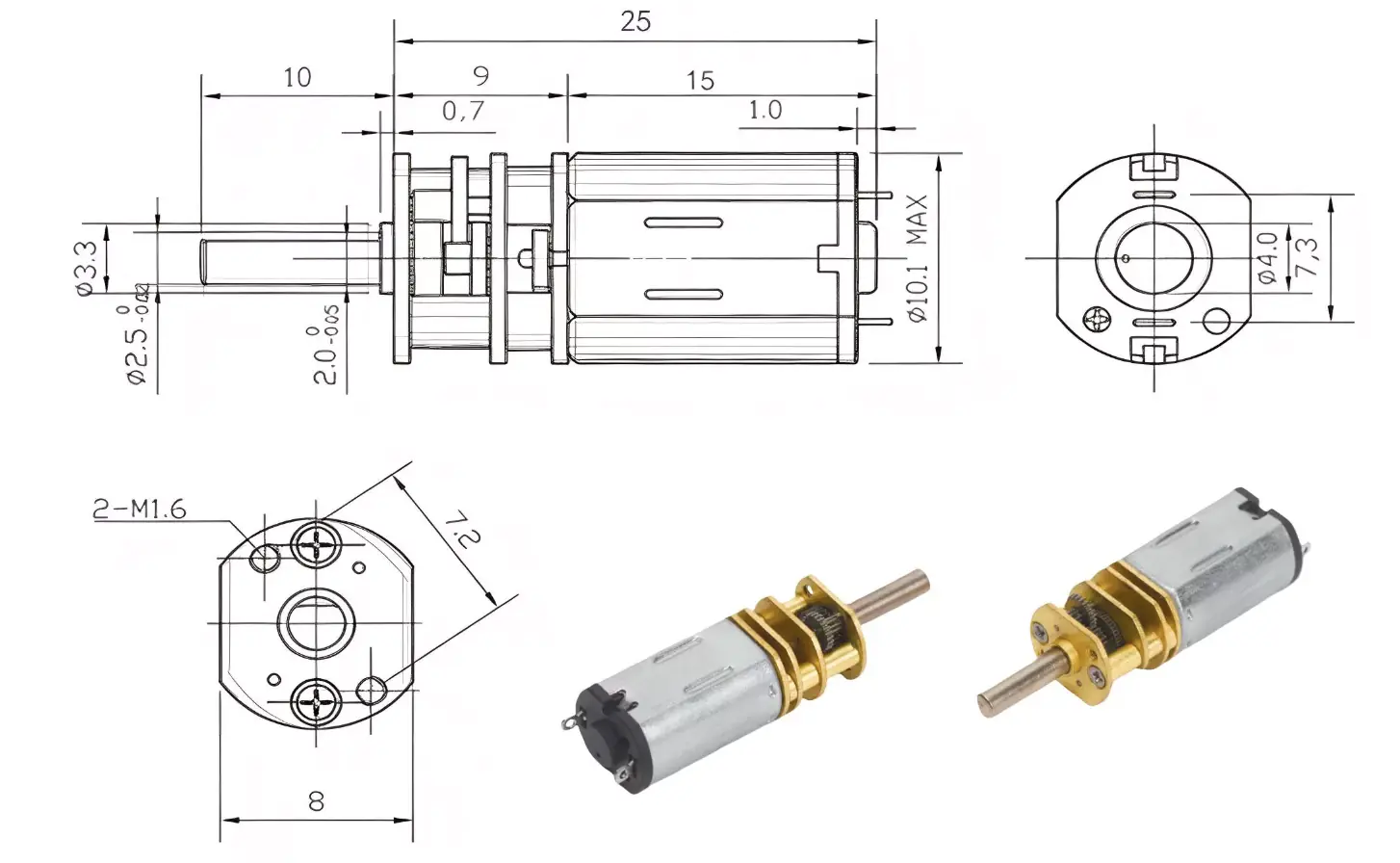 Technical dimensional drawing of TSL-GF10-M20 micro M20 gear motor showing 10mm gearbox diameter and D-cut shaft specifications