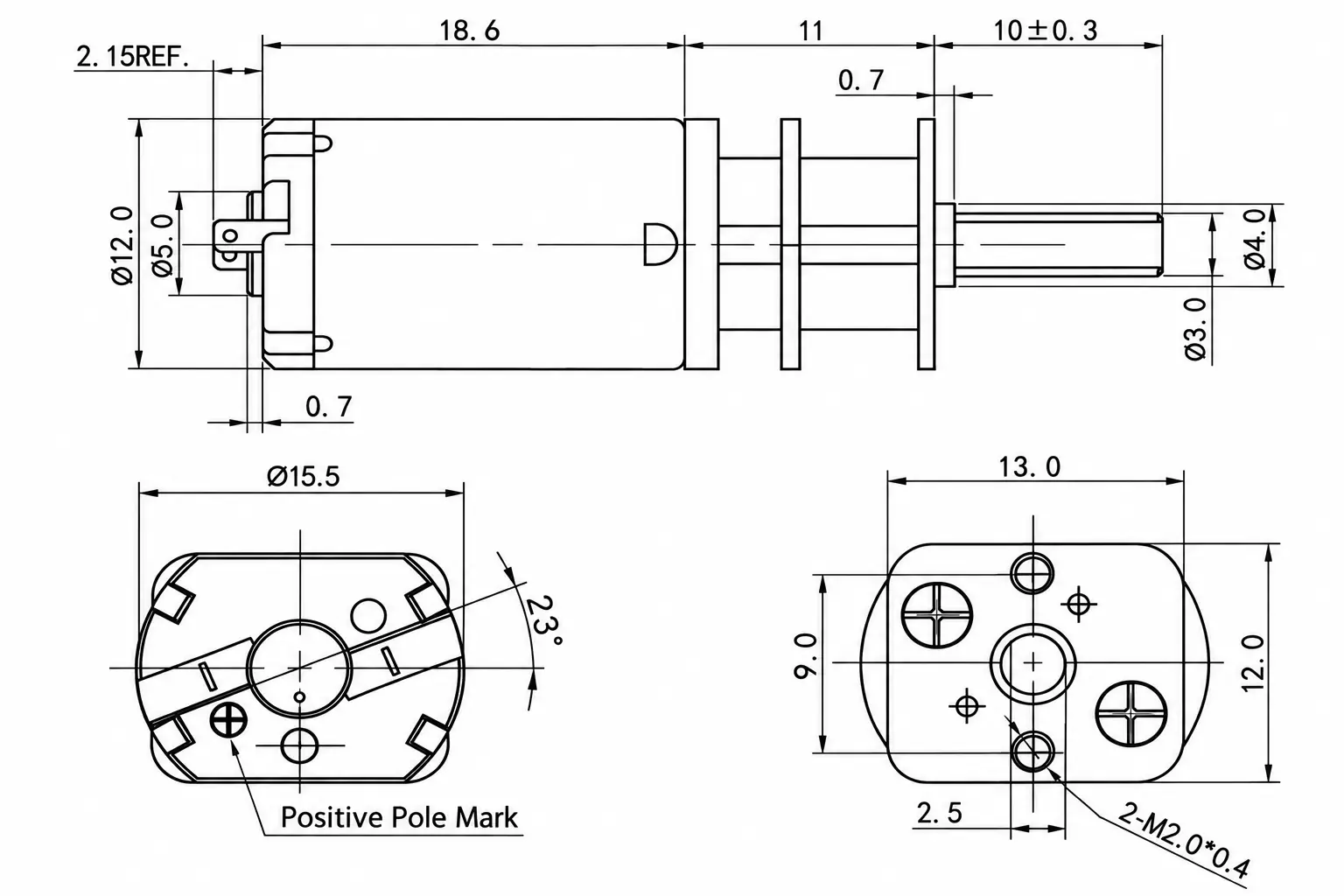 Technical 2D dimensional drawing for Ø15.5mm miniature spur gear motor model TSL-GF13-030