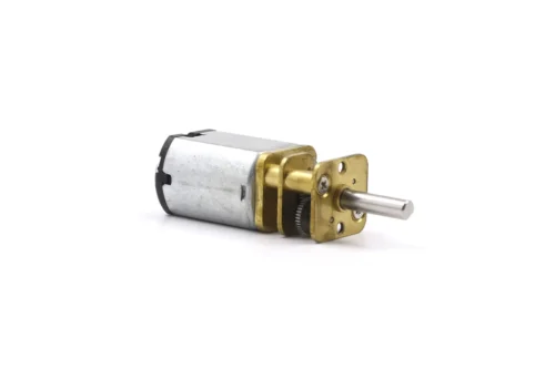 Ø15.5mm miniature spur gear motor model TSL-GF13-030 isometric view showing brass gearbox and D-shaft