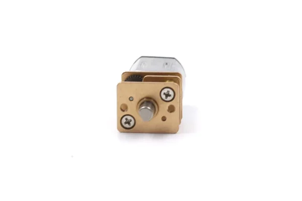Front view of N10 gear motor brass mounting plate and D-cut output shaft