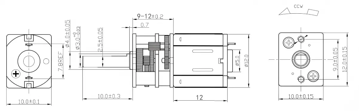 Technical dimension drawing for TSL-GA12-N10 N10 gear motor with 10mm width and 9-12mm gearbox length