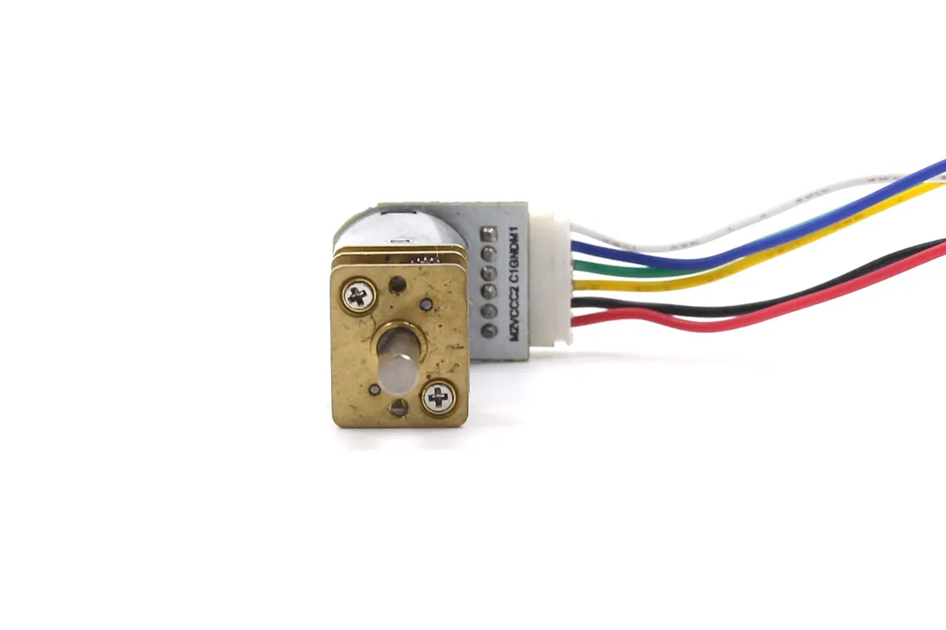 Front view of 12mm N20 DC gear motor showing brass gearbox plate, output shaft, and connector wiring