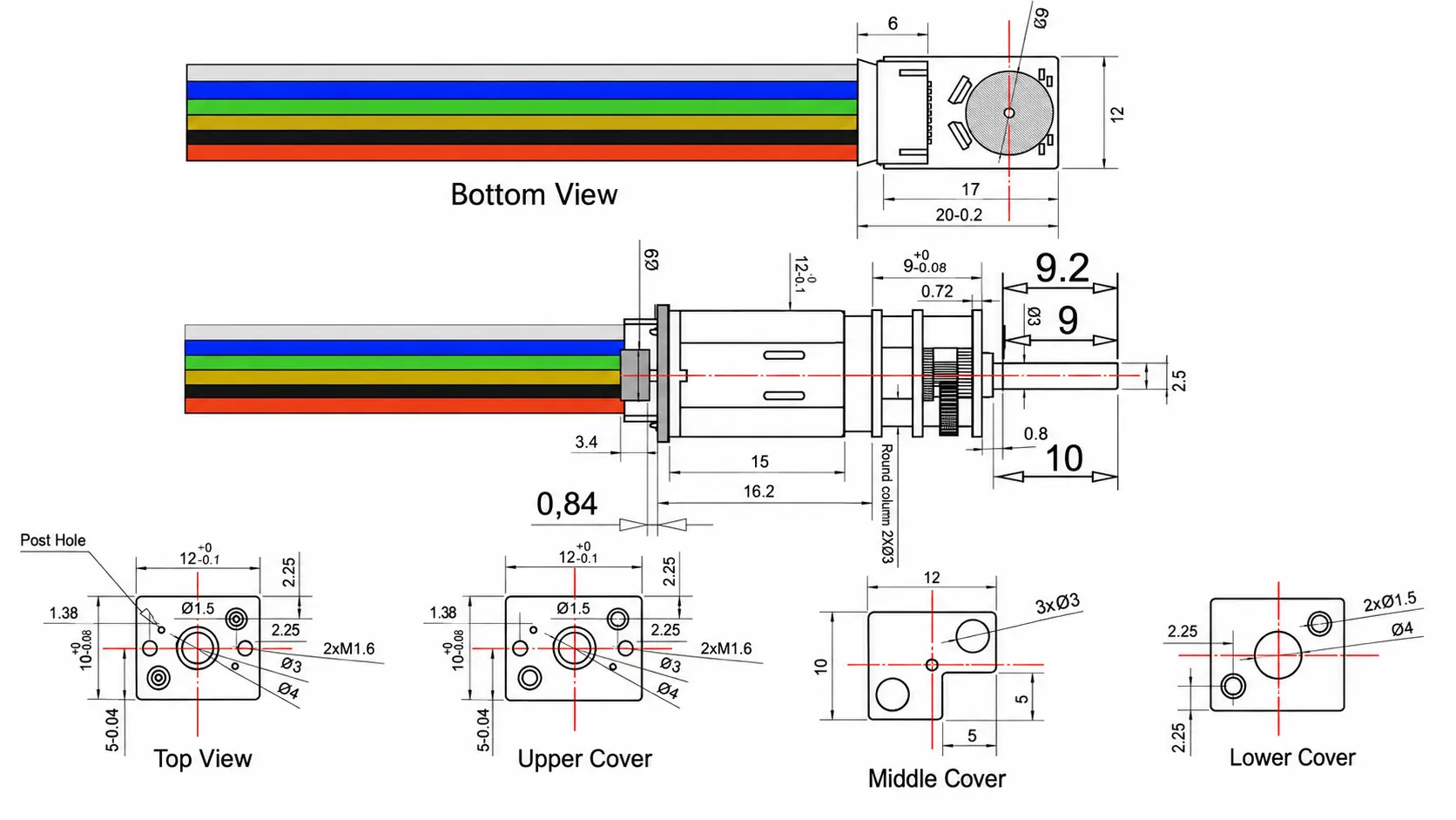Technical engineering drawing showing dimensions, top view, bottom view, and cover plates for N20 DC gear motor