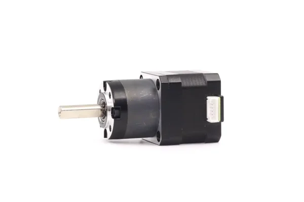 Side view of NEMA 17 geared stepper motor showing the powder metallurgy planetary gearbox and detachable 4-pin wiring connector