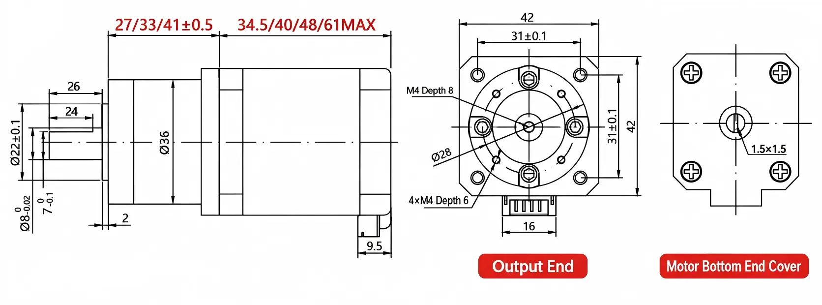 Technical dimensional drawing of NEMA 17 geared stepper motor showing gearbox length, body length, output shaft dimensions, and mounting hole pattern