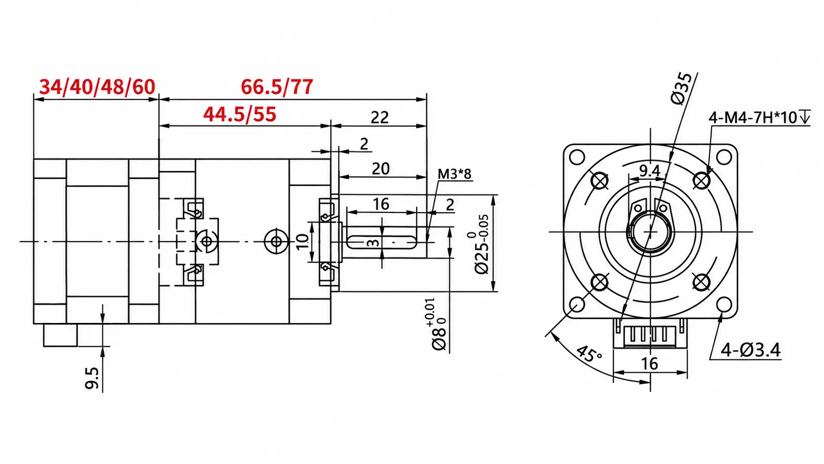 Technical CAD 2D drawing for plug-in connector type NEMA 17 planetary geared stepper motor