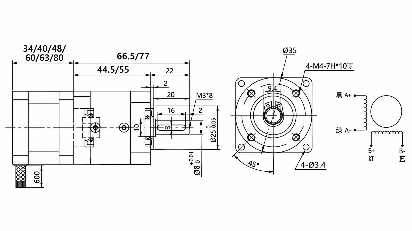 Technical CAD drawing and 4-wire wiring schematic for direct lead NEMA 17 planetary geared stepper motor