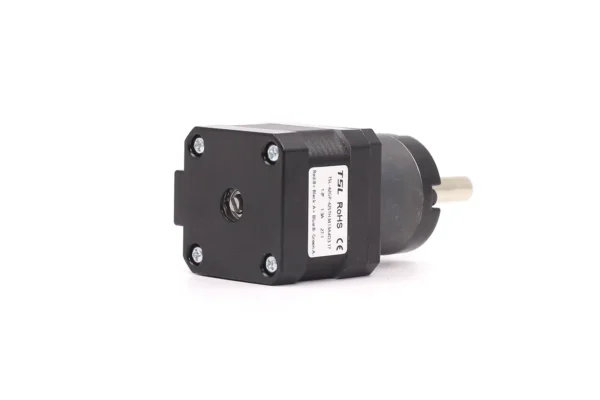 Rear perspective of NEMA 17 geared stepper motor with wiring diagram label and rear mounting screws