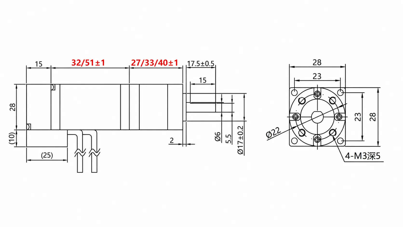 Complete CAD technical drawing showing side and front flange dimensions for NEMA 11 geared stepper motor with encoder