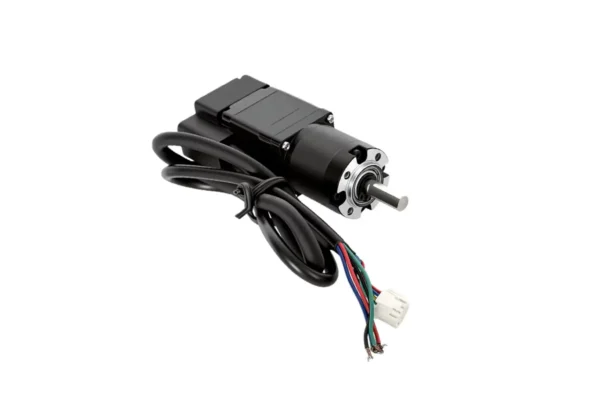 NEMA 11 geared stepper motor with encoder and connected wiring harness with connector