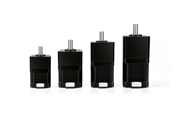 Comparison line-up of four stack lengths for NEMA 17 planetary gear stepper motors