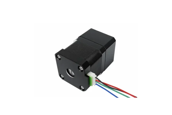 Bottom view of NEMA 17 square planetary geared stepper motor with connected wiring harness