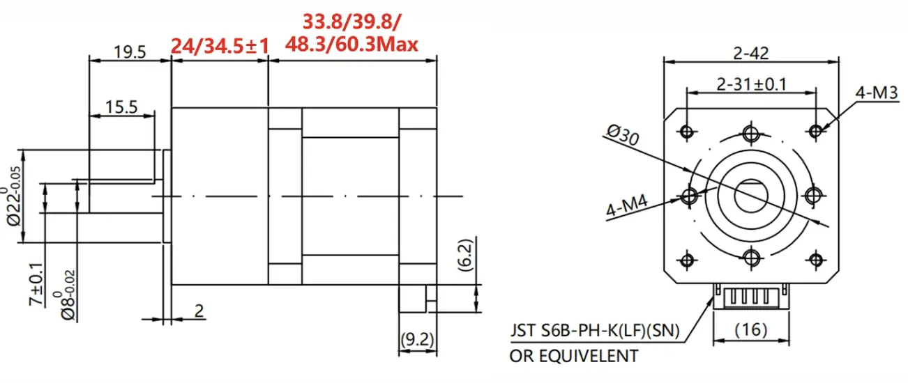 2D mechanical technical drawing of NEMA 17 square planetary gear stepper motor TSL-42PFXG-42STH